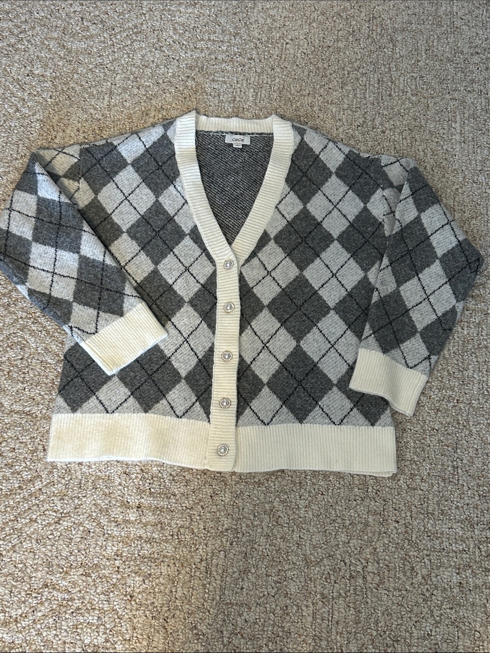 CeCe Cream and Gray Argyle V-Neck Button Cardigan